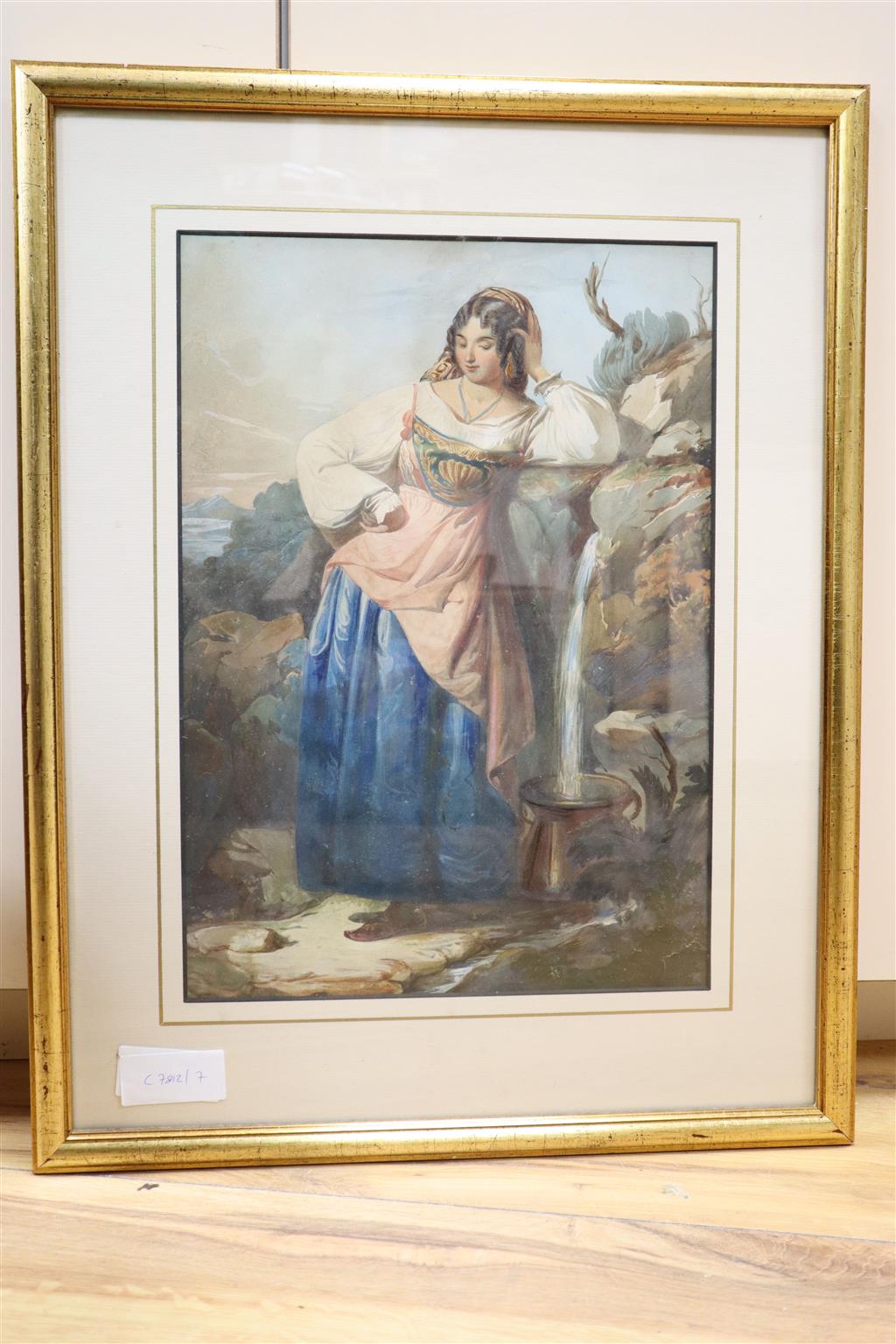 Mid 19th century English School, gouache and watercolour, Study of an Italian peasant girl beside a spring, 37 x 26cm